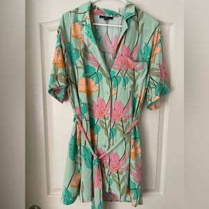 Lulu’s Tropical Light Green Floral Print Button Up Shirt Dress